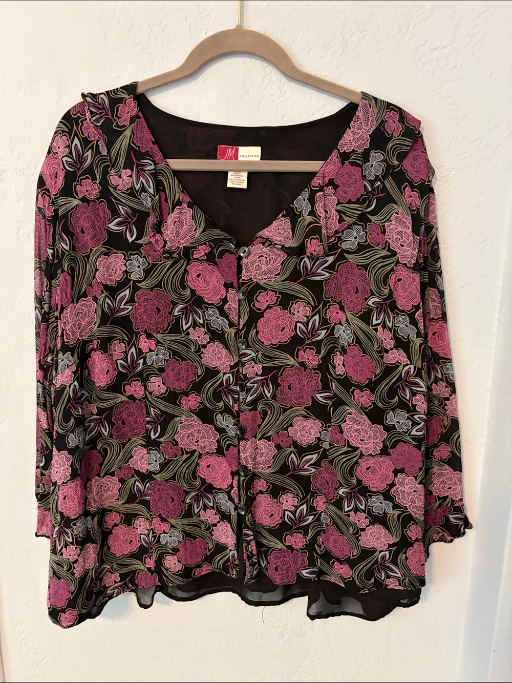 JM Collection Black Floral Button-Front Blouse with Pink and Green Accents